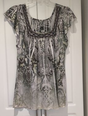 Women's Printed Square Neck Cap Sleeve Tunic Top - Olive & Gray